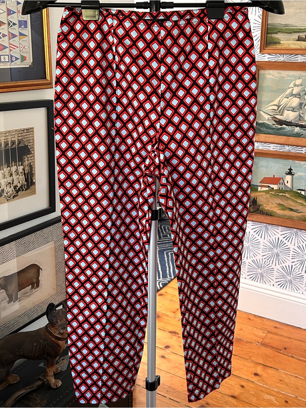 Women’s St. John Red, Blue & Black Geometric Print Slim Pants